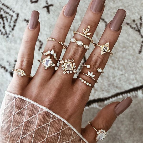 

12 pcs/set bohemian crown water drops stars geometric crystal opal gem ring set vintage rings for women party wedding jewelry, Golden;silver