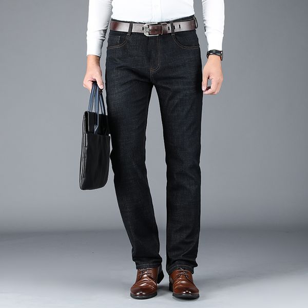 

browon 2020 denim jeans for men autumn new solid color business jeans heavyweight loose straight denim trousers men pants, Blue