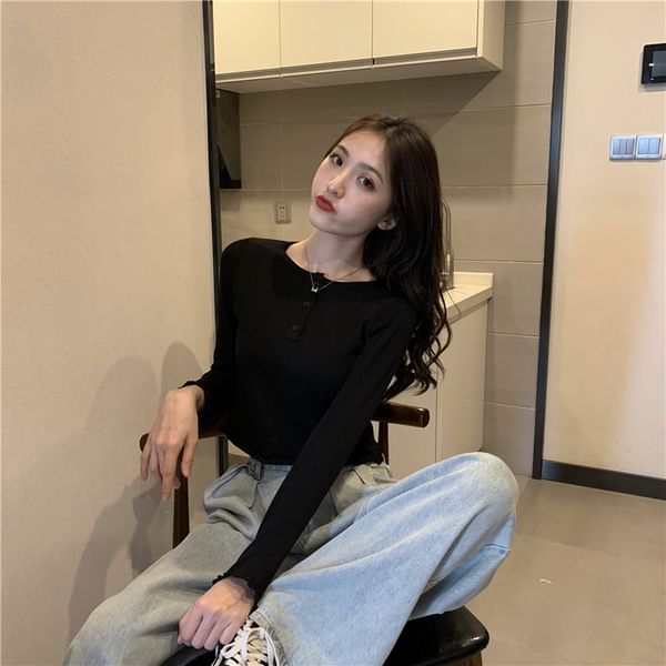 

2020 new real sautumn slim long sleeve sweater, round neck solid color frill loose and versatile knitting top, White;black