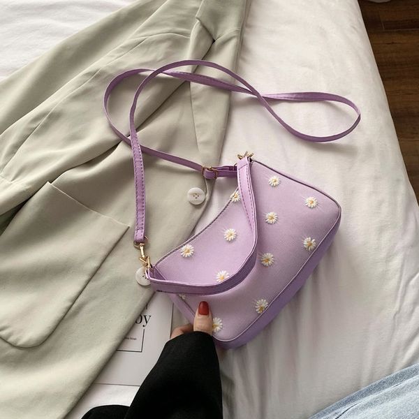

fashion daisy flower women baguette handbags pu leather ladies small shoulder messenger bags 2020 female clutch purse armpit bag