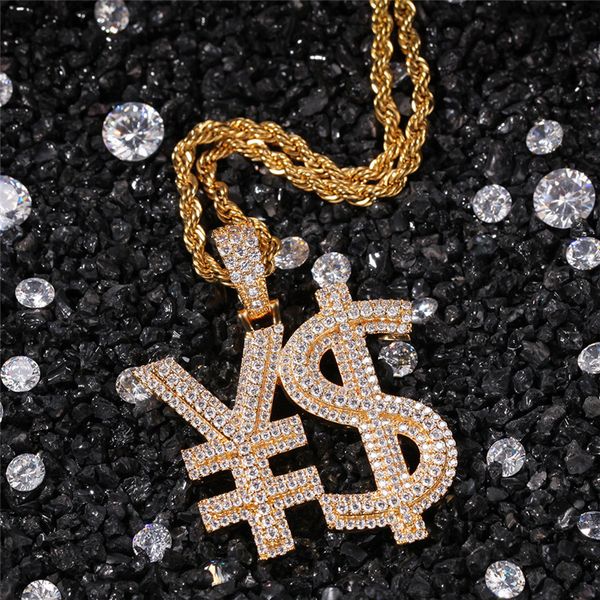 

gold silver plated iced out cz currency symbol pendant necklace with 24inch rope chain for mens women hip hop jewelry gift