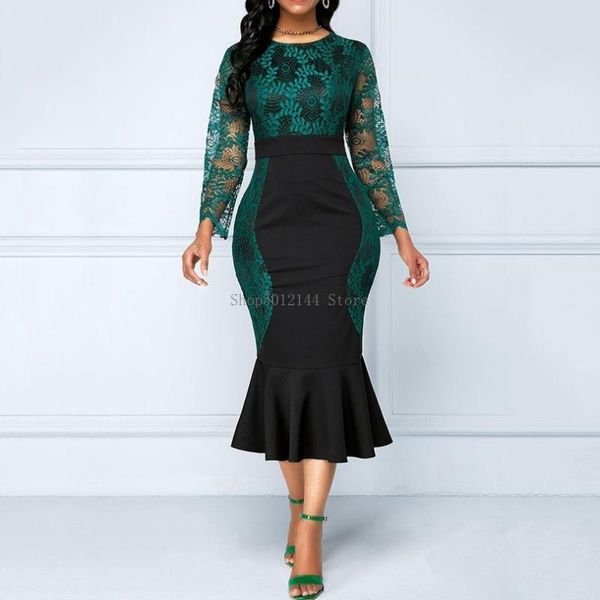 

casual dresses elegant mermaid dress women 2021 autumn long sleeve lace foral maxi plus size high waist patchwork robe vestidos 4xl 5xl, Black;gray