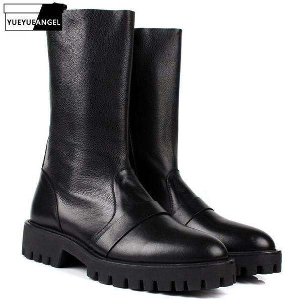 

мода brand high top мужские из натуральной кожи мужчин середина теленок обувь сгущает платформа моды сапоги army botas для мужчин, Black