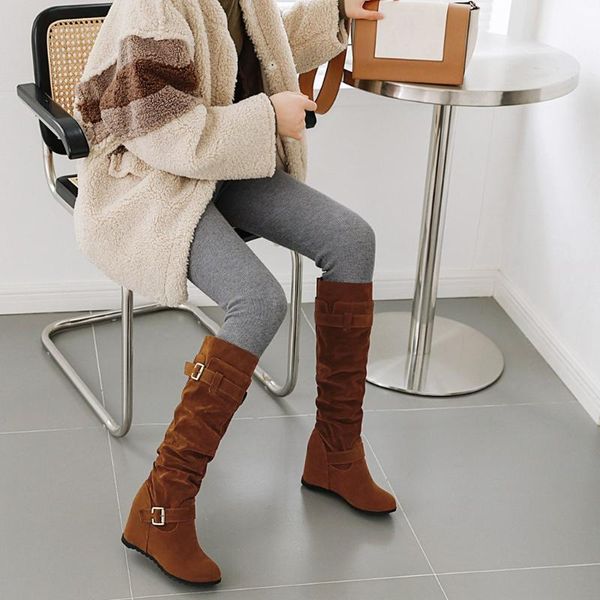 

зимняя обувь женщины сапоги ретро клинья западная сапоги пряжка knee high слип-на casual long tube пинетки flat mujer ботинке, Black