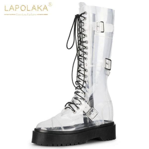 

lapolaka моды new cross связали mid теленок сапоги женщина обувь платформа zipper комфортные ins моды обувь женские сапоги, Black