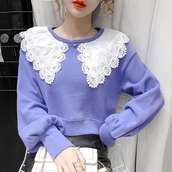 

2020 autumn and winter new korean style short sweater women's loose round neck stitching lace lacelace lacefor women iudnm, Black