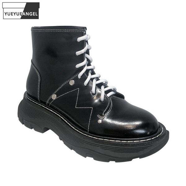 

осень лаковая обувь из натуральной кожи платформы ботильоны зимы толстые шерсти руна теплый сапоги мода женский черный белый, Black