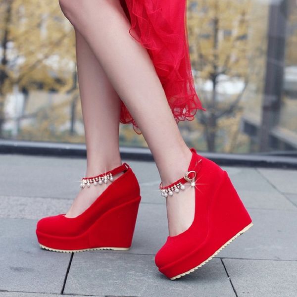 

new wedding shoes pearl rhinestone high heel bridal shoes waterproof platform women's single suede round head, Black