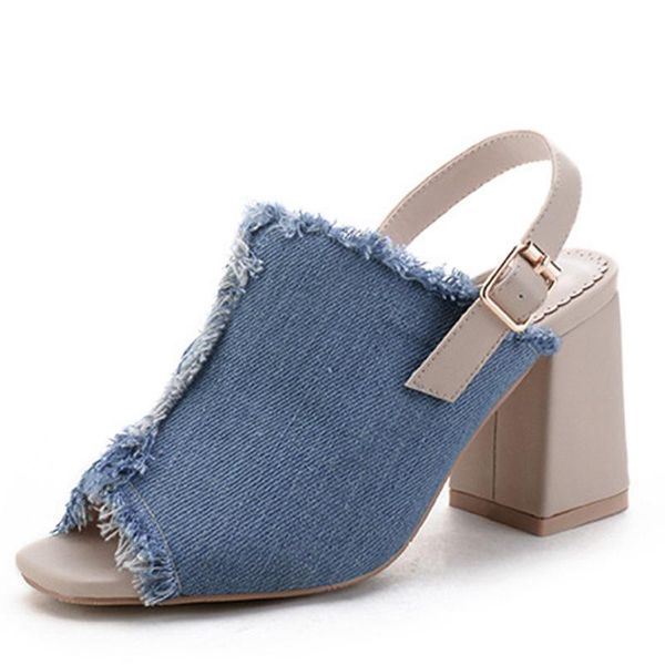 

denim canvas thick block high heels slingback sandals women fish mouth mules shoes woman blue jean ladies square heel sandal, Black