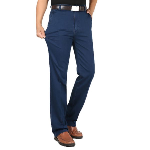 

2020 men's autumn and winter new high waist straight jeans stretch large size business casual jeans, Blue