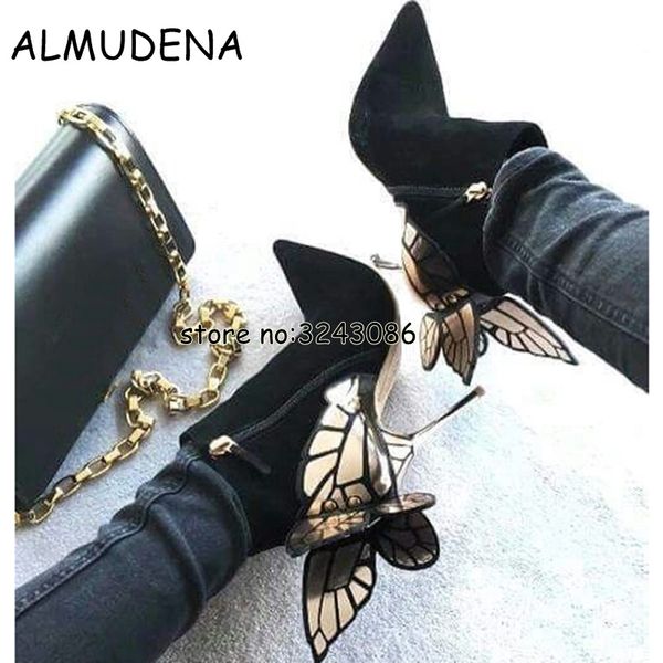 

3d бабочки angel wing ботильоны высокие каблуки sequined остроконечные toe sexy boots женщина кожа замша стилет обувь, Black