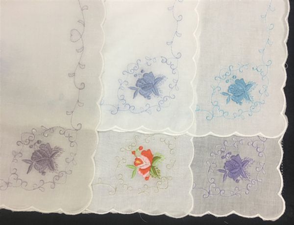 

set of 12 fashion wedding bridal handkerchiefs white cotton hankie with scallop edges & color embroidery floral hanky 12x12-inch, Blue;purple