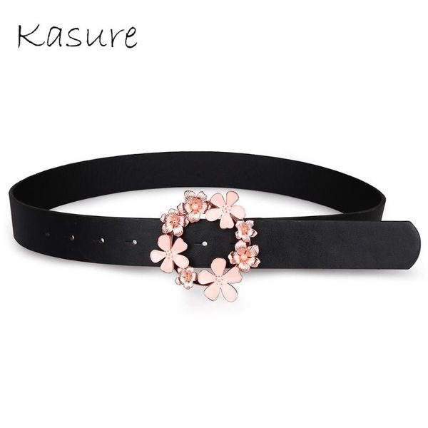 

kasure exquisite flower metal buckle waistbelt for woman rose gold female pu belts luxury designers skirt waistband dress belts, Black;brown