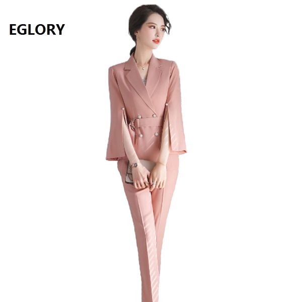 

blazer sets 2020 spring summer business women notched collar double breasted blazer jackets+ankle length pants set, White