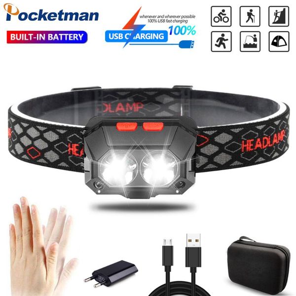 

headlamps 6500lm body motion sensor headlamp blue/white light led headlight usb rechargeable head lamp with built-in battery