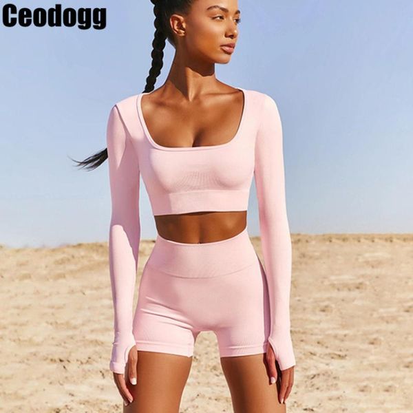 

pad thick yoga set women two 2 piece pink long sleeve crop t-shirt shorts fitness workout outfit suit gym sports set, White;red