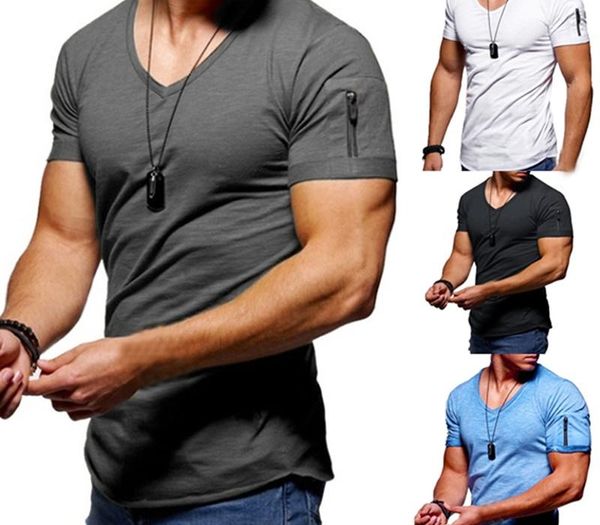 

men's soft solid color tee shirt men fitness casual for male short sleeve t-shirt summer v neck fitness slim mens clothing, White;black