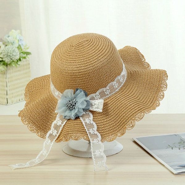 

summer ladies straw hat flower fisherman hat travel sun lace sun foldable, Blue;gray