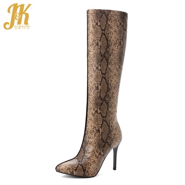 

jk winter snakeskin women knee boot pointed toe stiletto heel high shoes fashion casual female long boots mixed color shoes, Black