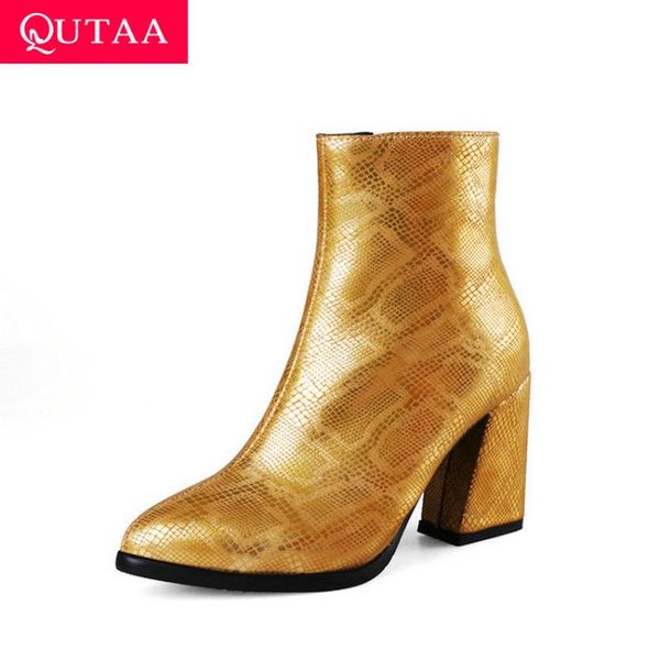 

qutaa 2020 pointed toe women ankle boots thick high heel zipper boots gold silver serpentine fashion short size 34-43, Black