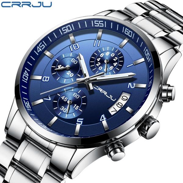 

crrju 2020 men sport quartz wristwatches,japan movement business stainless steel clock for men erkek kol saati, Slivery;brown