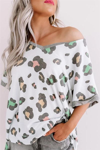 

casual female clothing summer womens designer plus size 4xl tshirt loose leopard printed v neck short sleeve, White