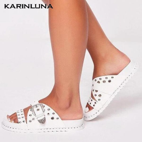 

karin 2020 dropship large size 43 women slides low heels peep toe rivet flats summer outsied women slippers, Black