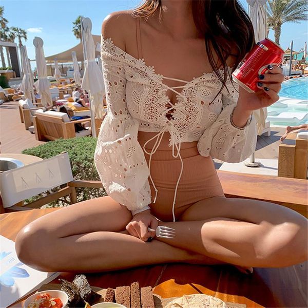

women's swimwear high waist bikini women solid lace biquini off shoulder swimsuit cover up bikinis pad bathing suit korea 3 sets, White;black