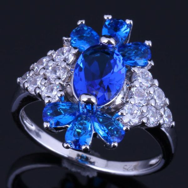 

majestic plant blue cubic zirconia white cz silver plated ring v0634, Golden;silver