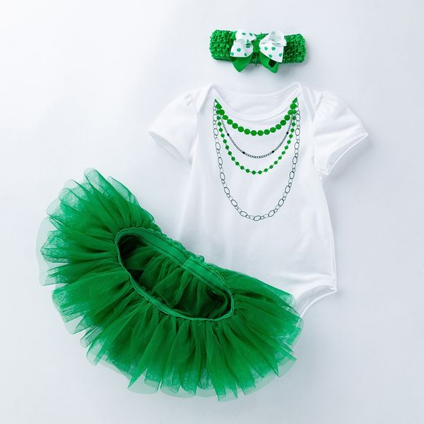 

clearance excelent lovely baby girls toddler baby leaf necklace print romper+skirt+headband set outfit z0213, White