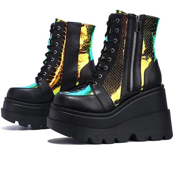 

platform women's mixed color wedge shoes female zip comfortable footwear plus size women mid-calf boots woman high heels, Black