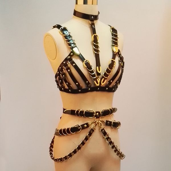 

100% handmade handcrafted harness heavy duty gold leather bra choker waist cincher belts, Black;brown