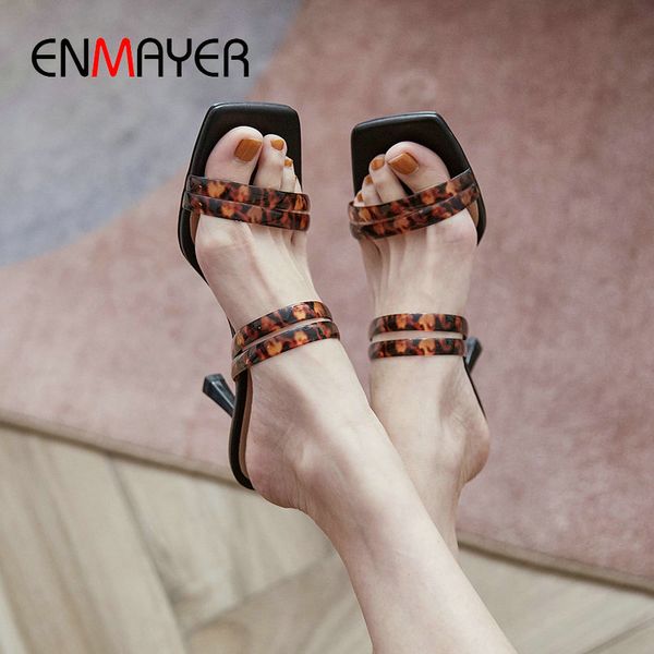 

enmayer square toe leopard plastic summer 2020 slippers women outside narrow band thin high heels womens shoes size 34-40, Black