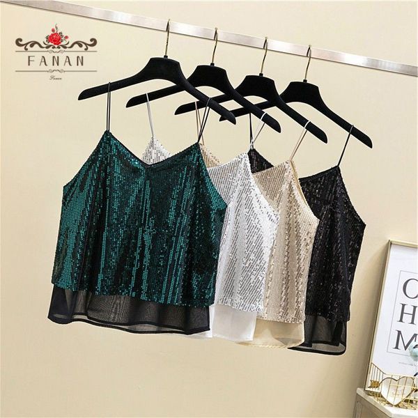 

sequined v-neck camisole women's tank silver green short loose and bottoming shirt summer new style fashion, White