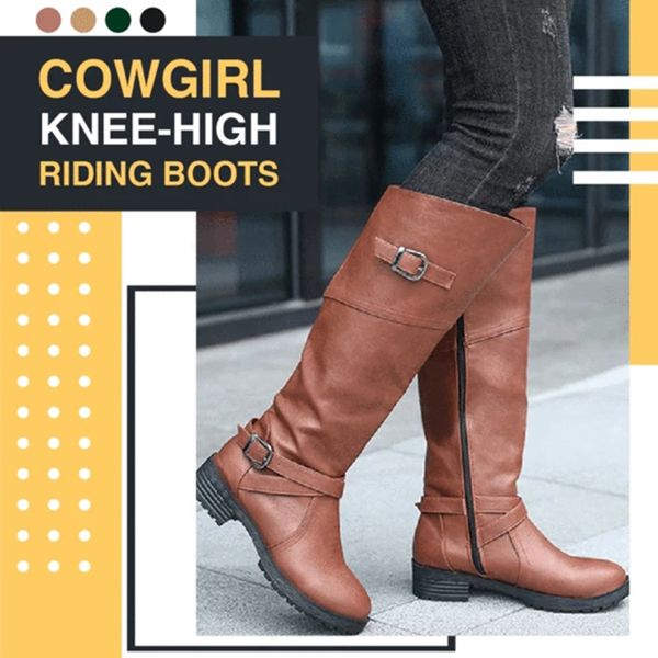 

newly cowgirl knee-high riding boots women pu leather low heel warm coldproof booties do99, Black
