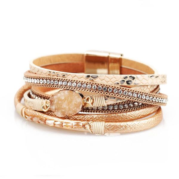 

charm bracelets 2021 braid leather for women fashion alloy magnetic clasp multilayer wrap long bracelet bangle armband jewelry, Golden;silver