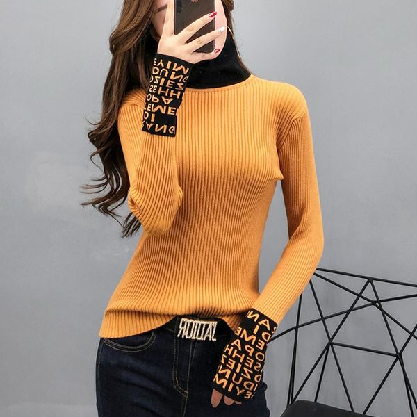 Узкий базовый дизайнерский свитер для женщин Тонкие женские свитера с длинными рукавами и пуловеры Водолазка Тонкие свитера Женская вязаная мода 16YRE