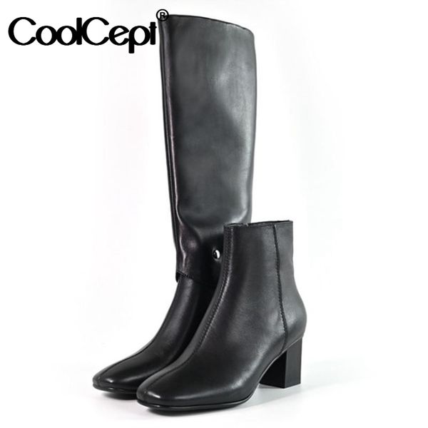 

coolcept real leather women knee boots thick heel square toe zipper removable shoes warm boots fashion party footwear size 34-39, Black