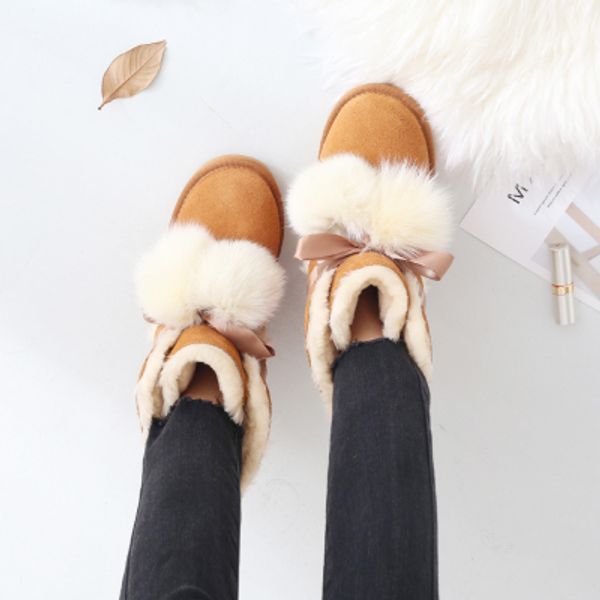

new 2020 women's fur snow boots leather mid-range women's winter non-slip cotton ankle boots, Black