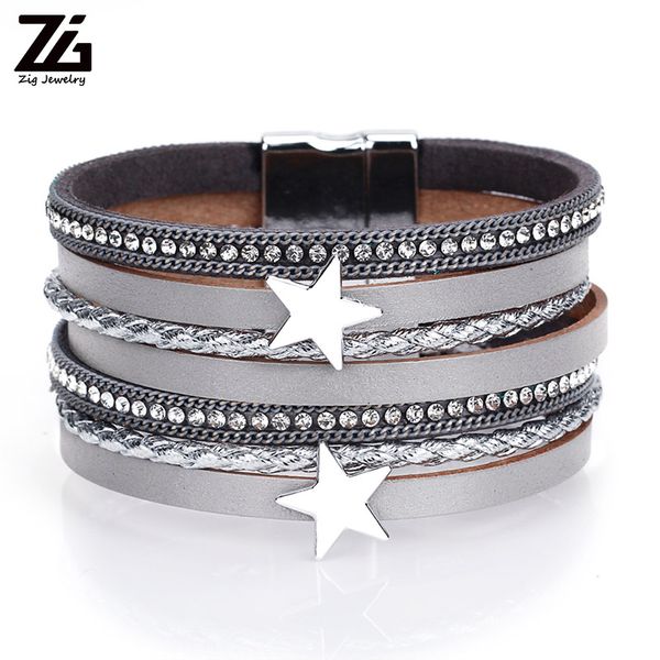 

zg 5 colors star leather charms bracelets for women multiple layers magnetic wrap bracelets new fashion jewelry, Golden;silver