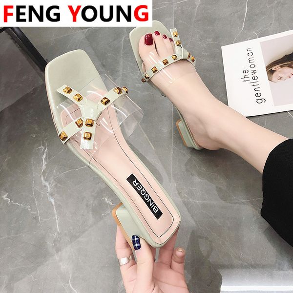 

women shoes rivet bow knot color peep summer transparent mules ladies slippers slides slippers toe square mid heels shoes woman, Black
