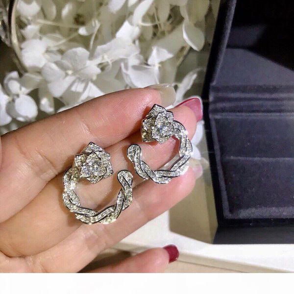 

luxury classic designer s925 sterling silver full crystal rose flower hollow round charm loop earrings for women jewelry, Golden