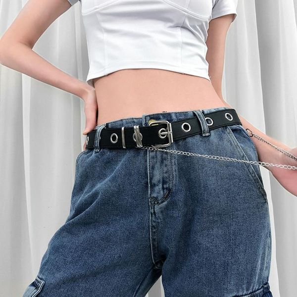 

men women pu leather belt hip-hop style waistband with eyelet chain decorative belt for jeans pants, Black;brown