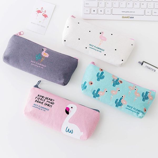 

cute flamingo canvas pencil bags students stationery storage pen case school office pencil bags cartoon large capacity pens pouch dh1446 t03