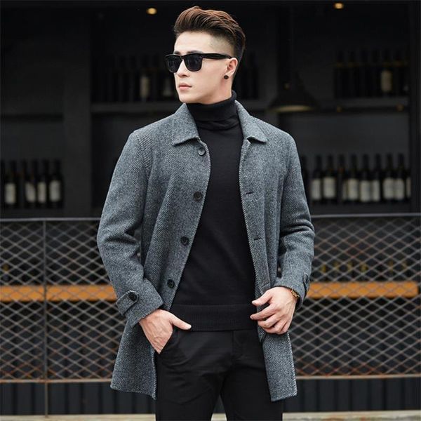

men's wool & blends 2021 classic autumn winter casual men coats warm jackets slim single button outwear solid overcoats 4 style choose, Black