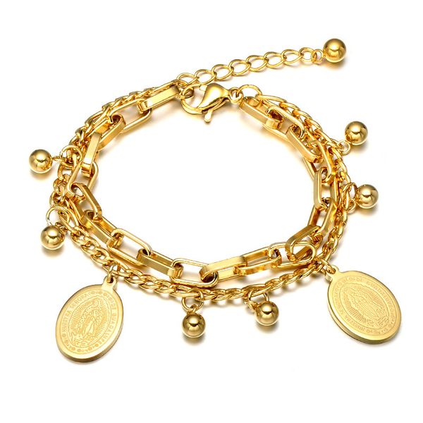 

stainless steel virgin mary bracelet multilayer gold color coin beaded charm fashion jewelry for women gift, Black