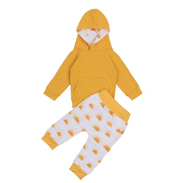 

2020 baby boys girls autumn 2pcs outfit set yellow hooded long sleeve front big pocket sun print pants kid clothes, White