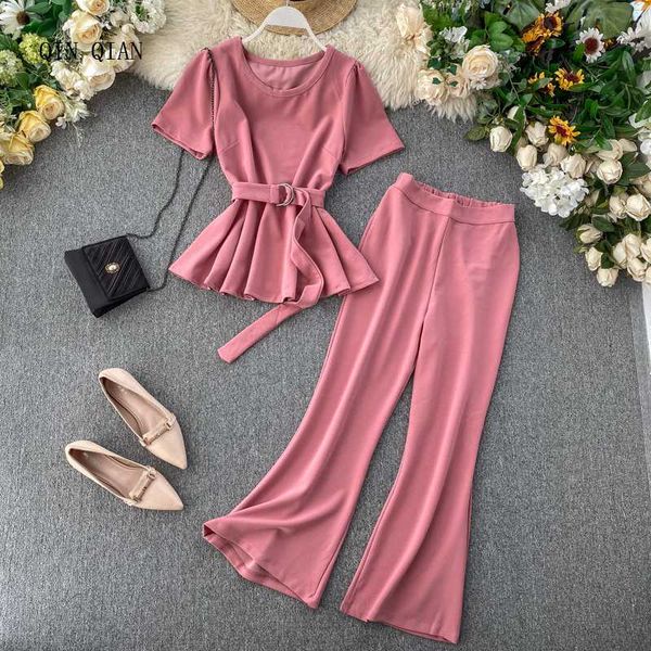 

women's tracksuits fashion solid 2 piece outfits for women short sleeve and trumpet pants suit set 2021 autumn korean womens office se, Gray