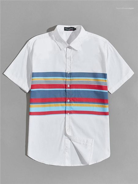 

shirt short sleeve mandarin collar single breasted casual shirts homme loose mens colorblock striped, White;black