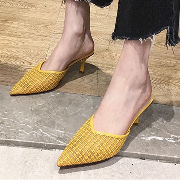 

med heels mules slippers chaussure femme new 2020 design women pumps fashion outside shoes summer luxury platform half slides, Black